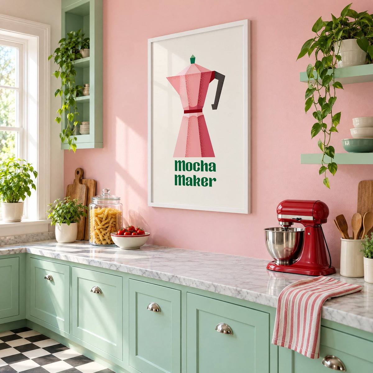 Mocha Maker pink moka pot print in a white frame on a pink wall above mint green cabinets in a retro kitchen, seen at an angle
