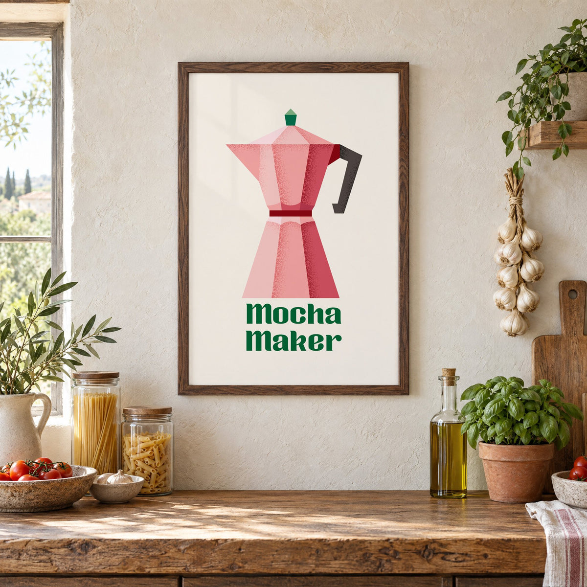 Mocha Maker pink moka pot print in a walnut frame above a rustic Italian pantry counter with pasta jars, garlic and tomatoes