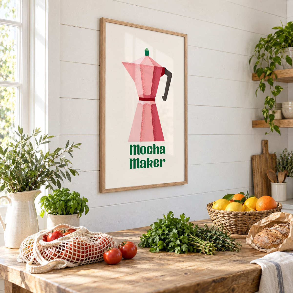 Mocha Maker pink moka pot print in an oak frame on a shiplap wall above a farm table with market tomatoes and citrus, seen at an angle