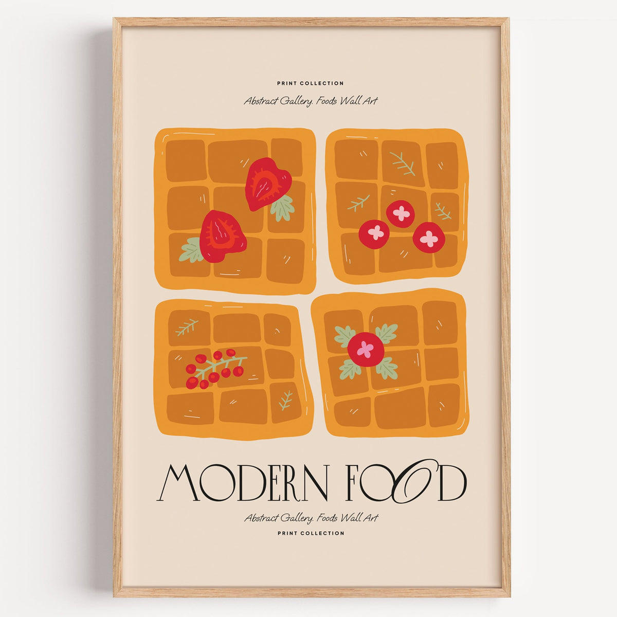MODERN FOOD four berry waffles print in a light oak frame on a plain white wall