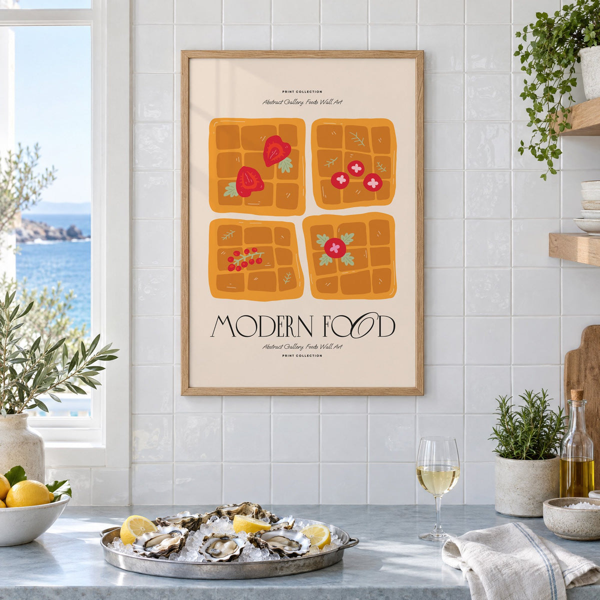 MODERN FOOD four berry waffles print in an oak frame on white tiles above a marble counter with oysters and lemons by a sea view