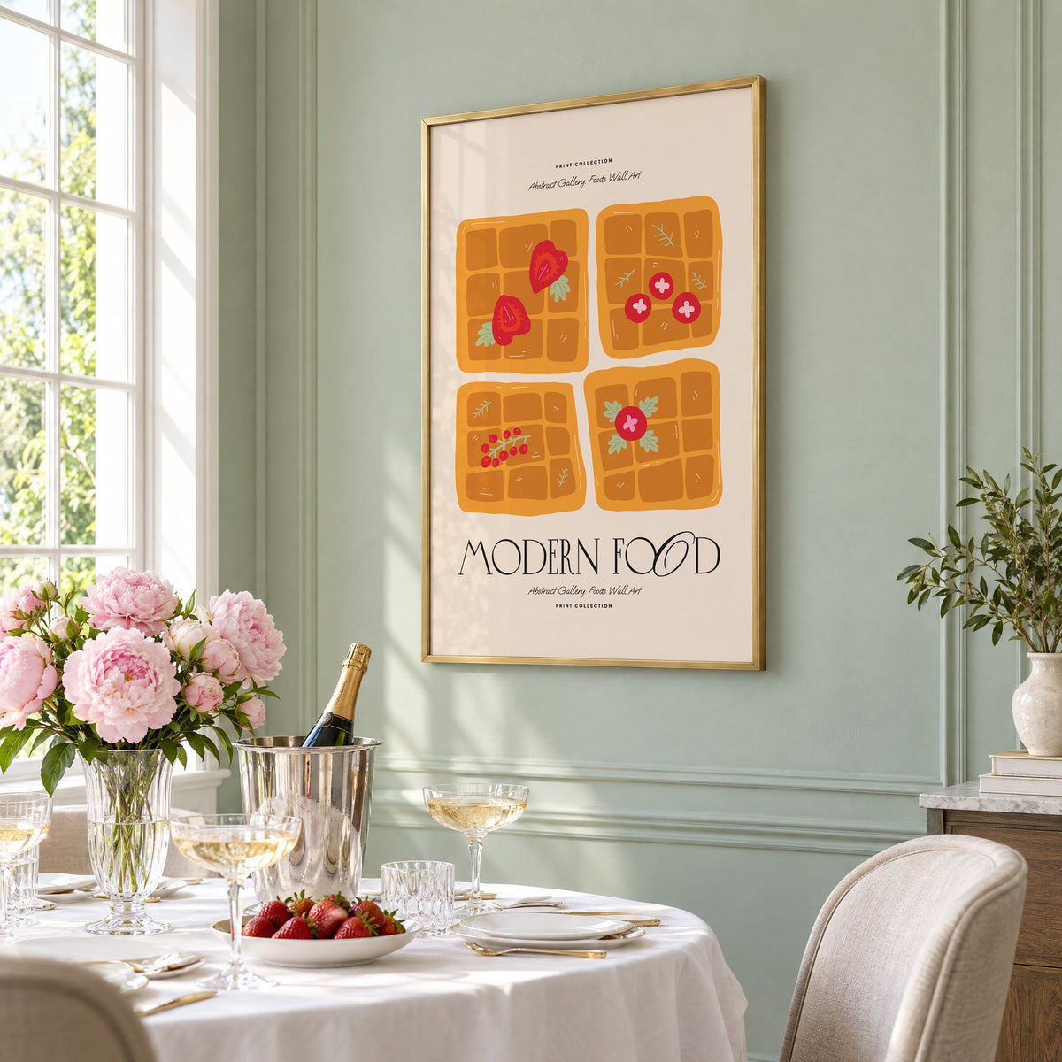 MODERN FOOD four berry waffles print in a brass frame on a sage wall above a brunch table with champagne and peonies, seen at an angle