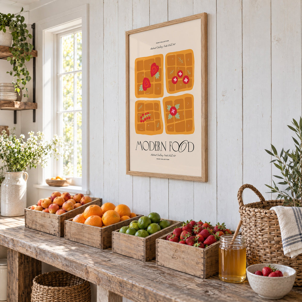 MODERN FOOD four berry waffles print in an oak frame on white plank walls above wooden crates of fresh fruit, seen at an angle