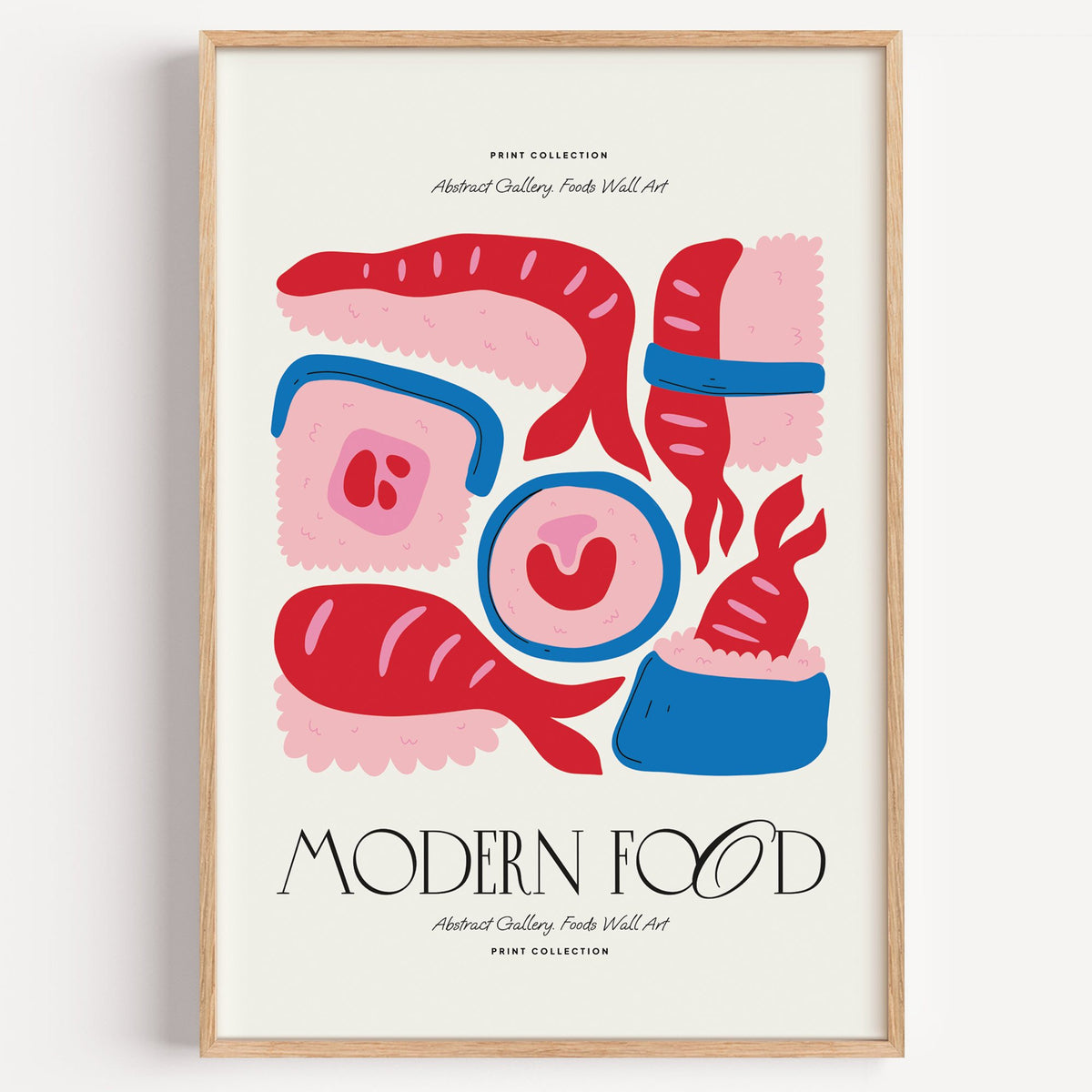MODERN FOOD sushi nigiri maki print in a light oak frame on a plain white wall