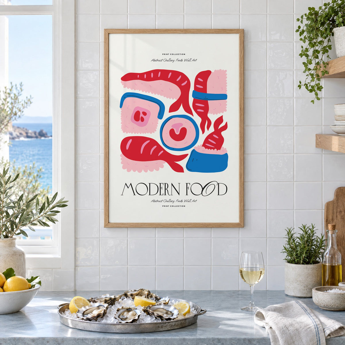MODERN FOOD sushi nigiri maki print in an oak frame on white tiles above a marble counter with oysters and lemons by a sea view