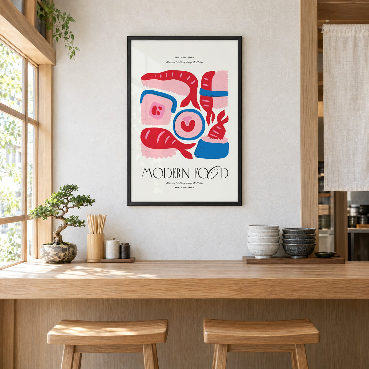 MODERN FOOD sushi nigiri maki print in a black frame above a light wood ramen counter with stools and stacked bowls