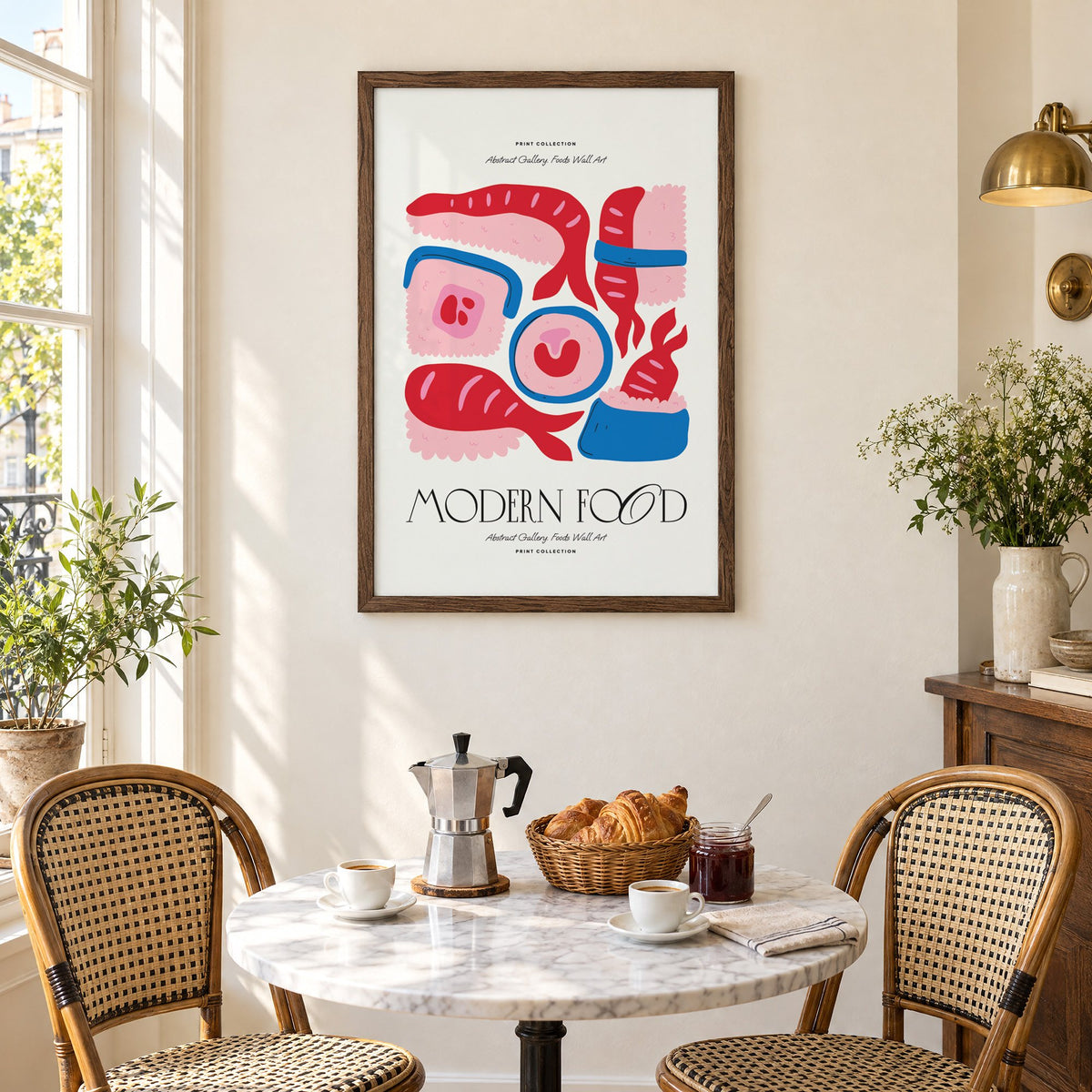 MODERN FOOD sushi nigiri maki print in a walnut frame above a marble bistro table with croissants and rattan chairs