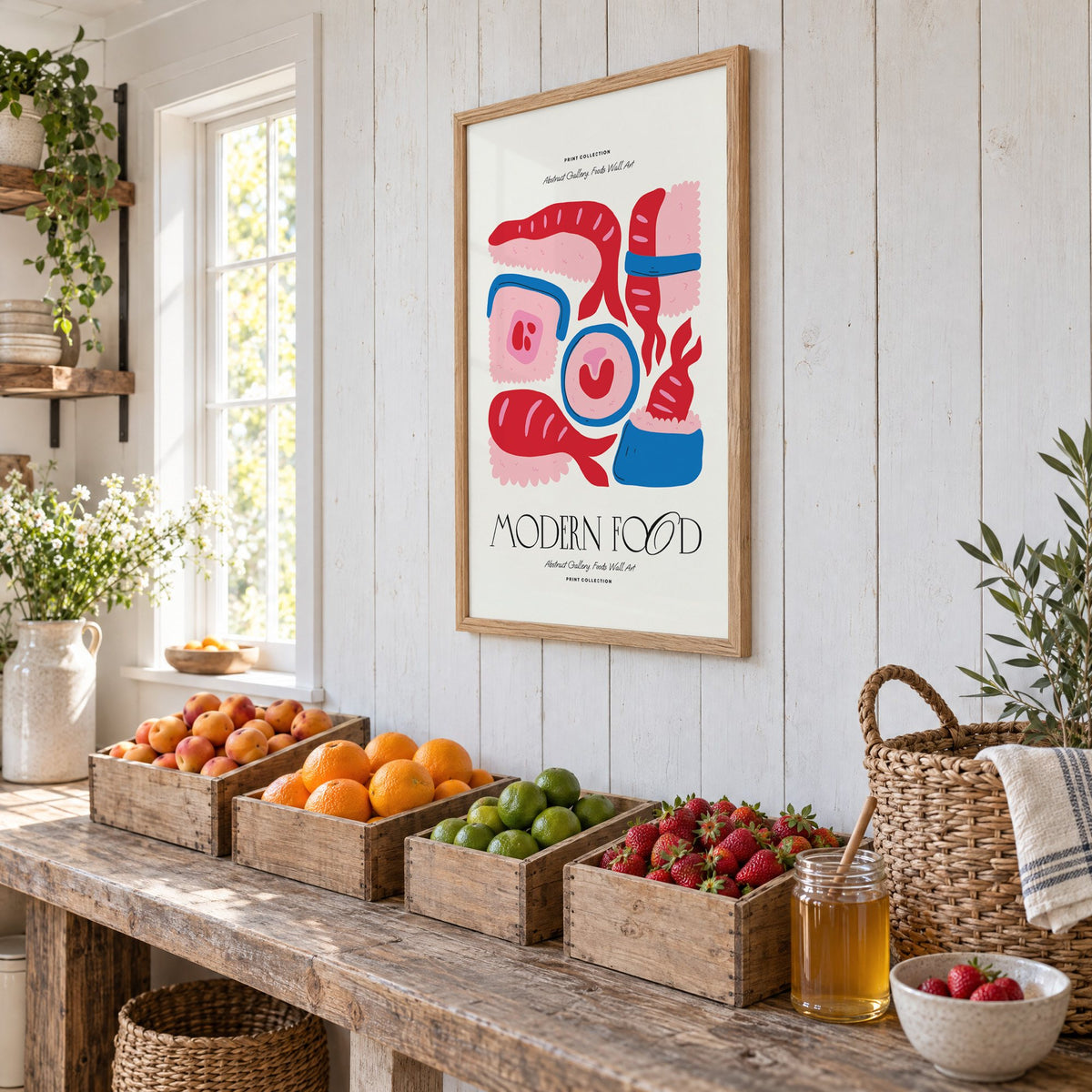 MODERN FOOD sushi nigiri maki print in an oak frame on white plank walls above wooden crates of fresh fruit, seen at an angle