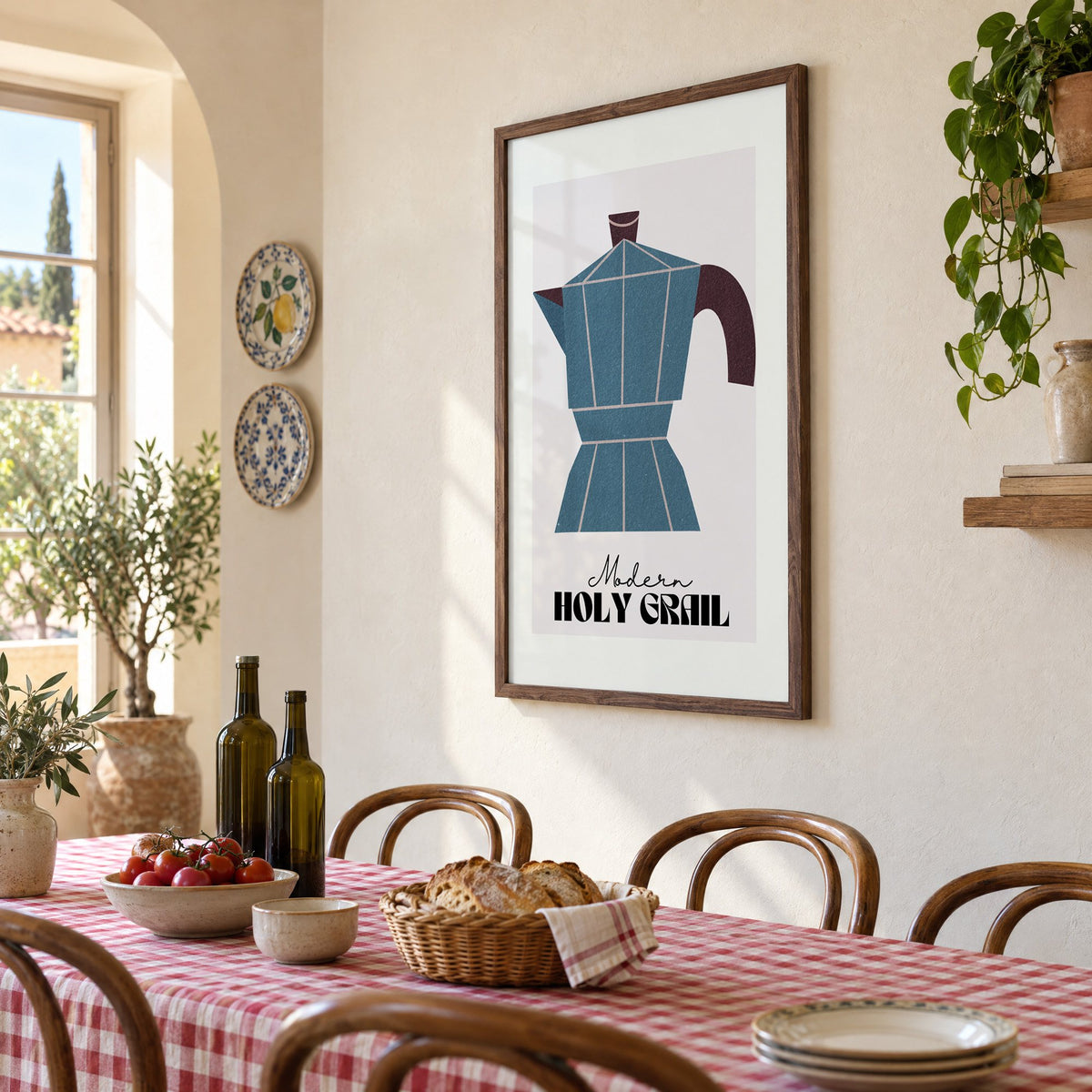 Modern Holy Grail moka pot print in a walnut frame above a gingham-covered trattoria table, seen at an angle