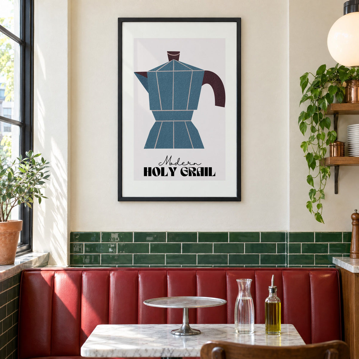 Modern Holy Grail moka pot print in a black frame above a red leather booth in a sunny pizzeria