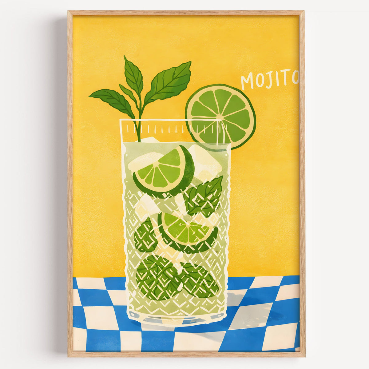 Mojito cocktail print in a light oak frame on a plain white wall