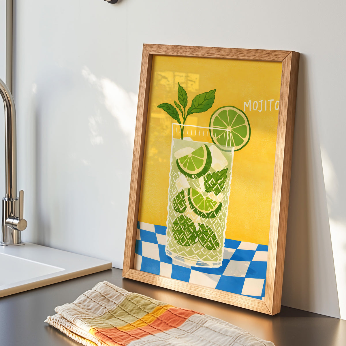 Mojito print in an oak frame by the kitchen sink beside a striped tea towel