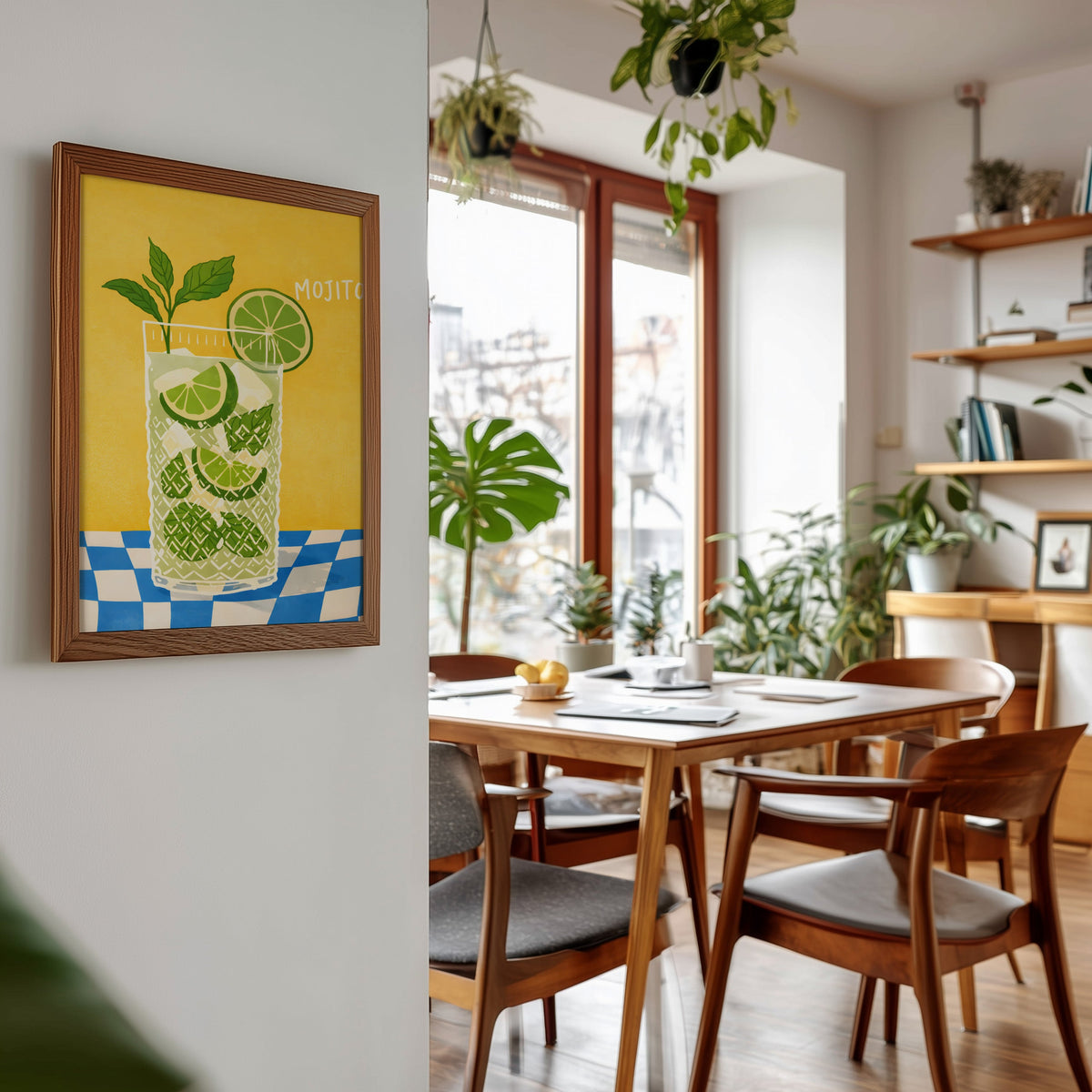 Mojito print in a walnut frame beside a mid-century dining table