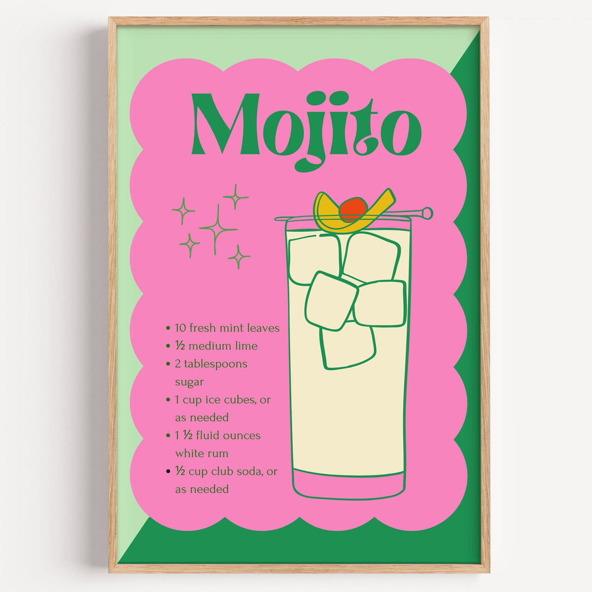 Mojito recipe retro scalloped print in a light oak frame on a plain white wall