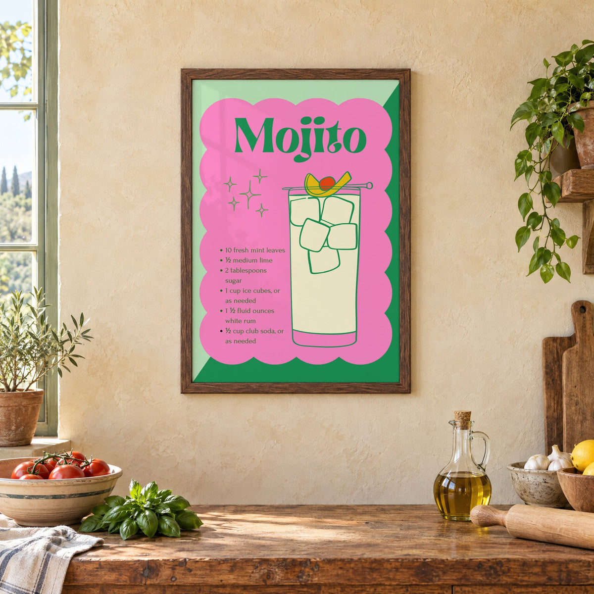 Mojito recipe retro scalloped print in a walnut frame above a rustic Italian kitchen table with tomatoes