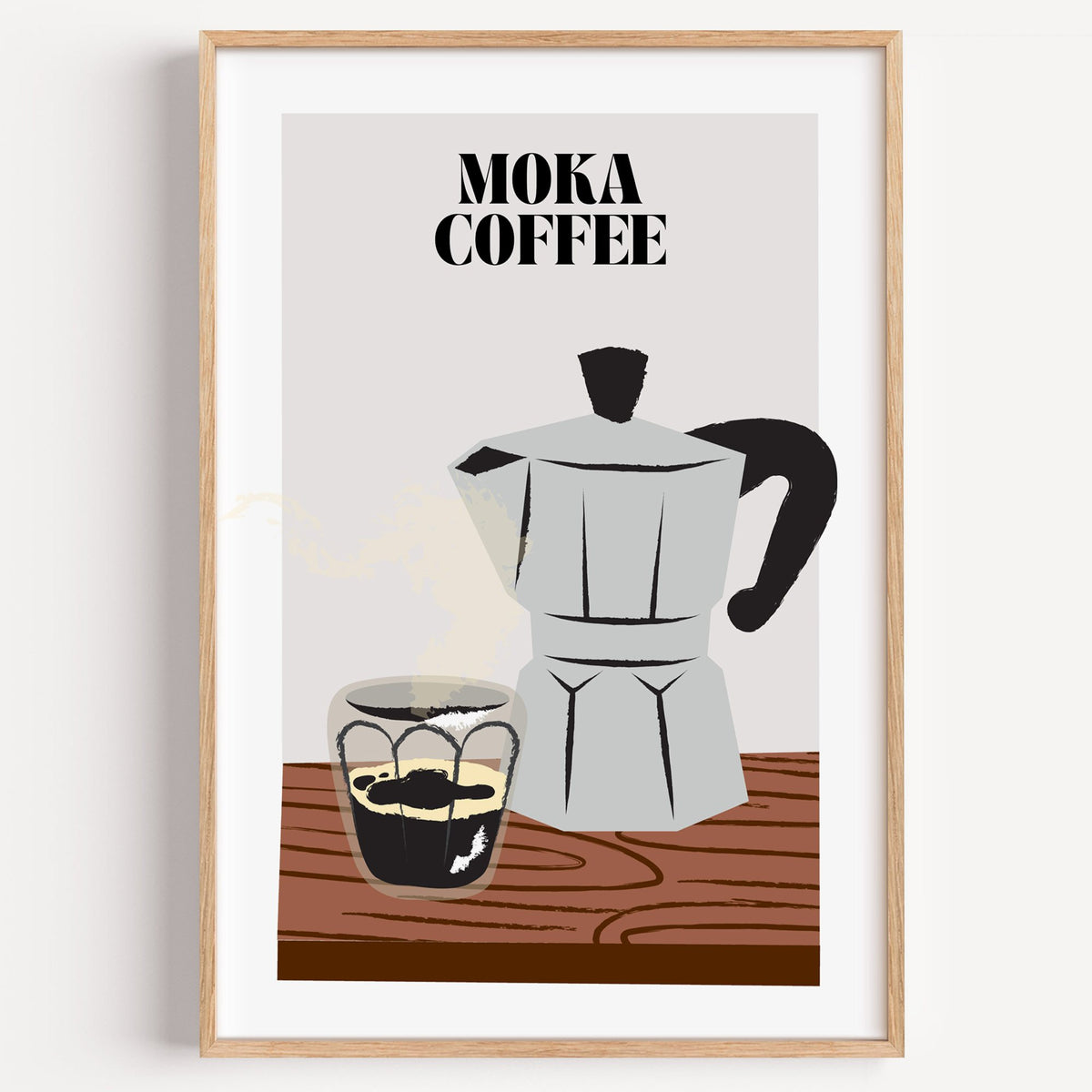 MOKA COFFEE silver pot wood table print in a light oak frame on a plain white wall