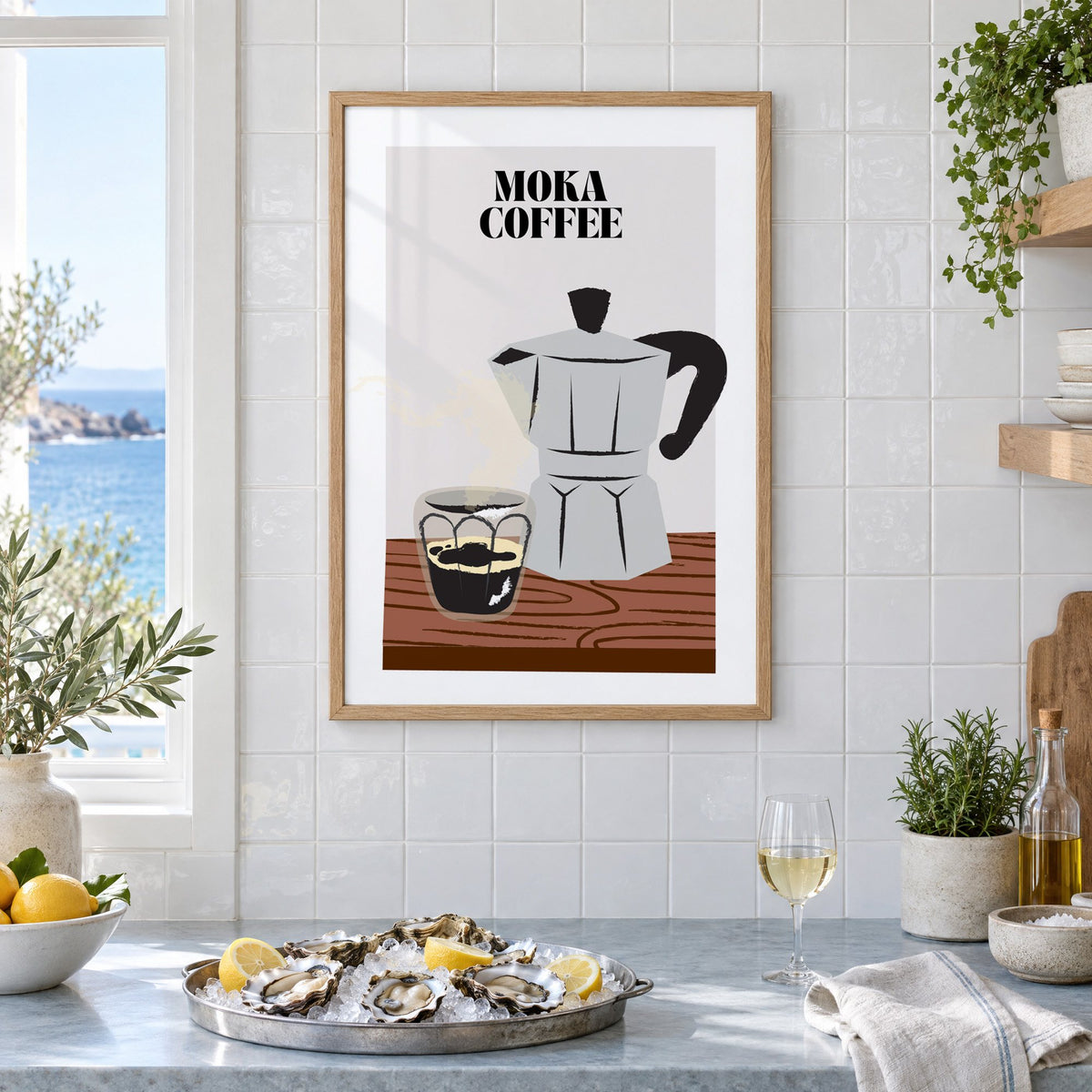MOKA COFFEE silver pot wood table print in an oak frame on white tiles above a marble counter with oysters and lemons by a sea view