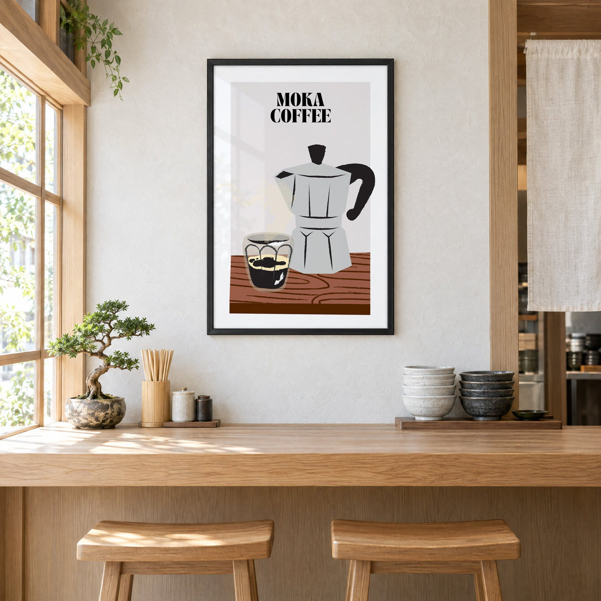 MOKA COFFEE silver pot wood table print in a black frame above a light wood ramen counter with stools and stacked bowls