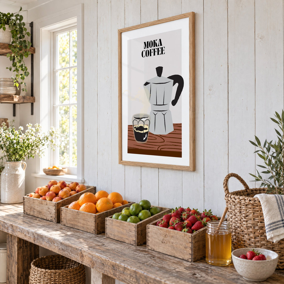MOKA COFFEE silver pot wood table print in an oak frame on white plank walls above wooden crates of fresh fruit, seen at an angle