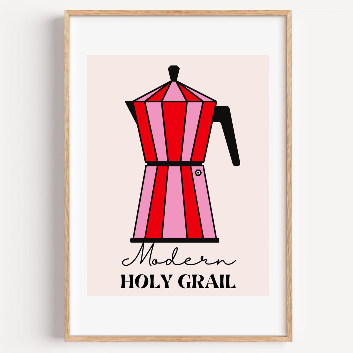 Moka pot pink and red striped print in a light oak frame on a plain white wall