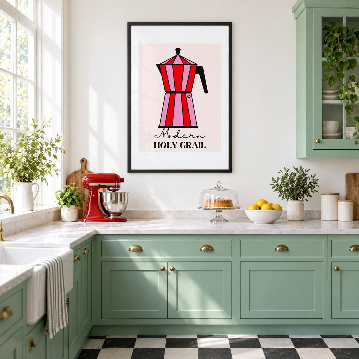 Moka pot pink and red striped print in a black frame in a mint green retro kitchen above a red stand mixer