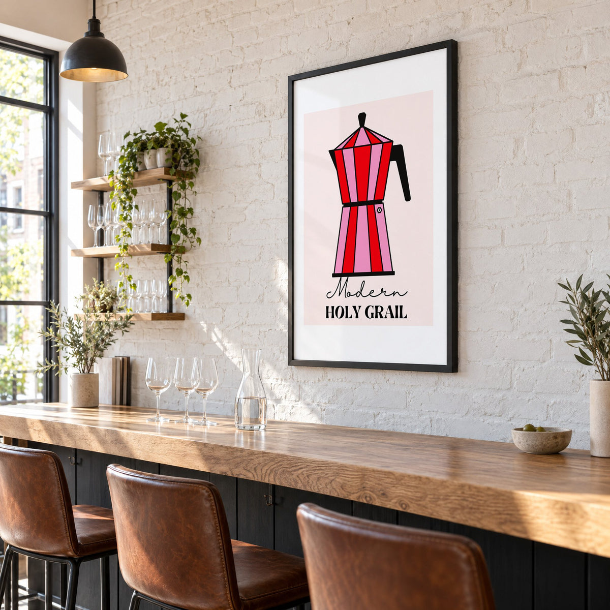 Moka pot pink and red striped print in a black frame on a white brick wall above a wine bar counter