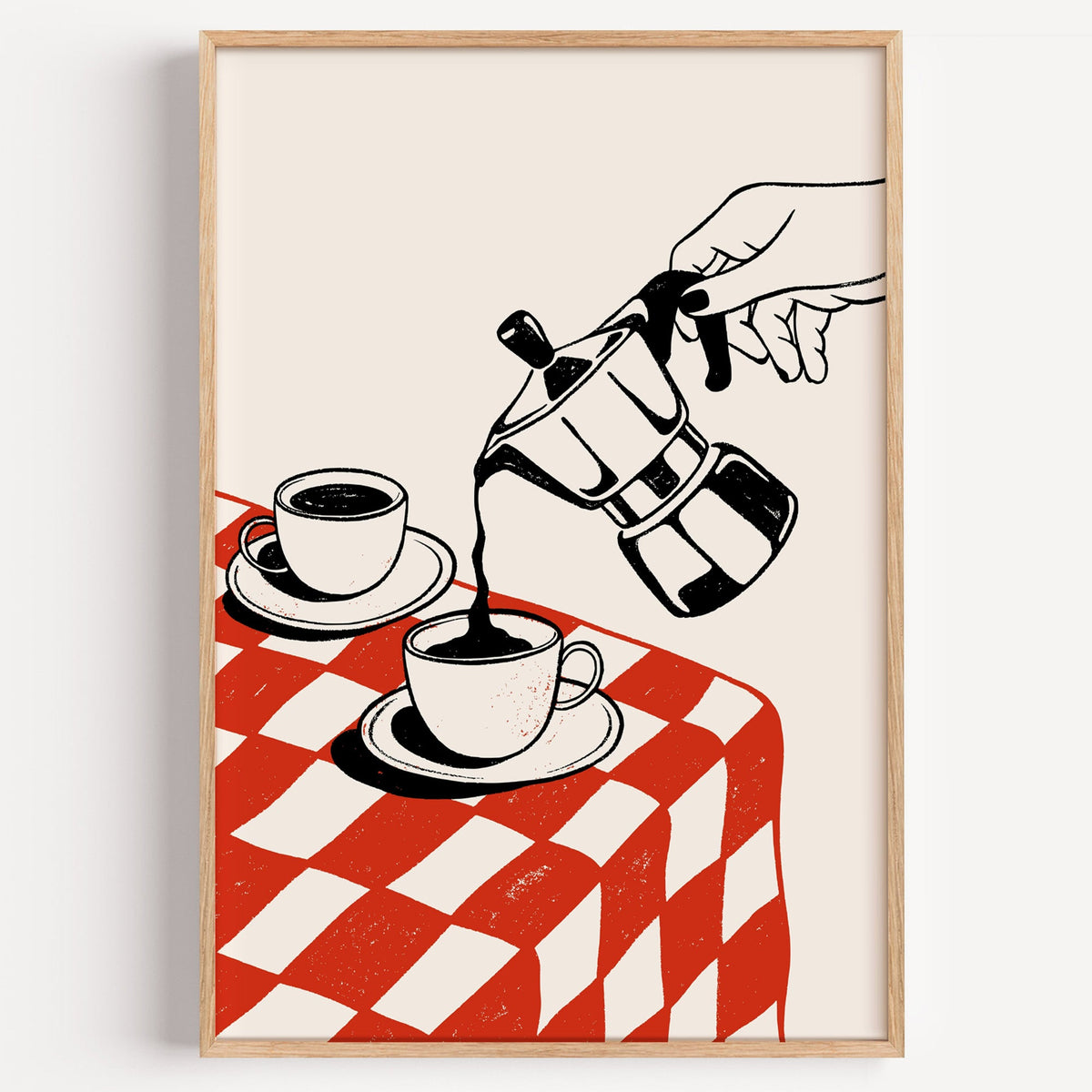 Moka pot pour coffee print in a light oak frame on a plain white wall