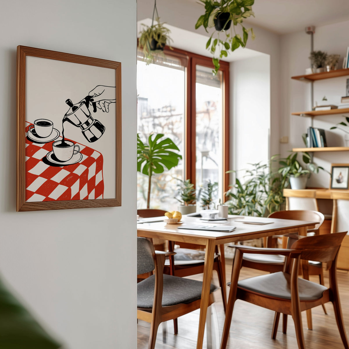 Moka pot print in a walnut frame beside a mid-century dining table