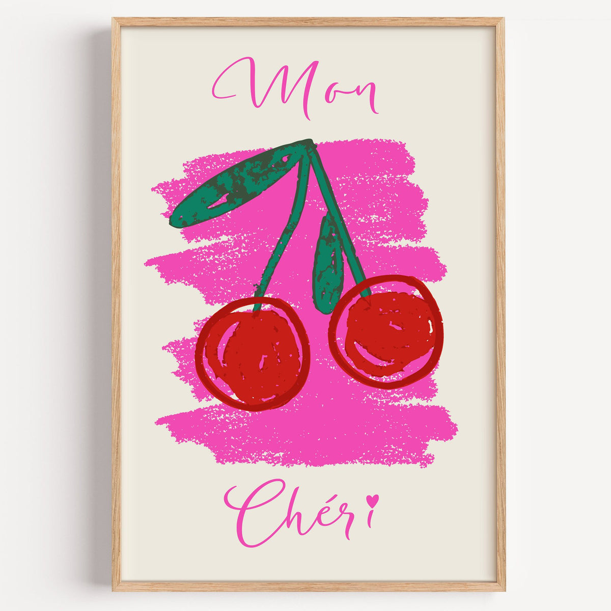 Mon Chéri cherries crayon print in a light oak frame on a plain white wall