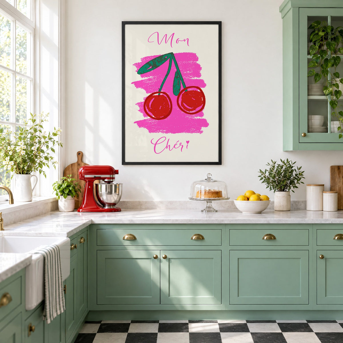 Mon Chéri cherries crayon print in a black frame in a mint green retro kitchen above a red stand mixer