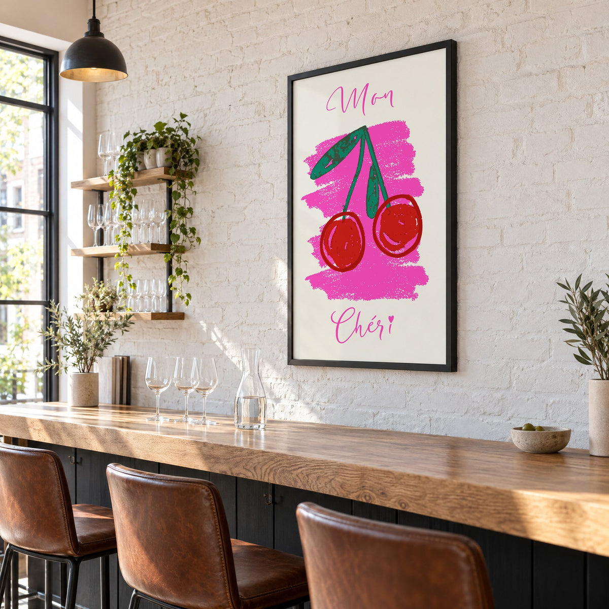 Mon Chéri cherries crayon print in a black frame on a white brick wall above a wine bar counter