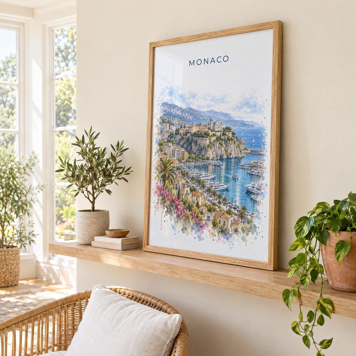 Monaco watercolor print in an oak frame on a picture ledge in a sunlit sunroom