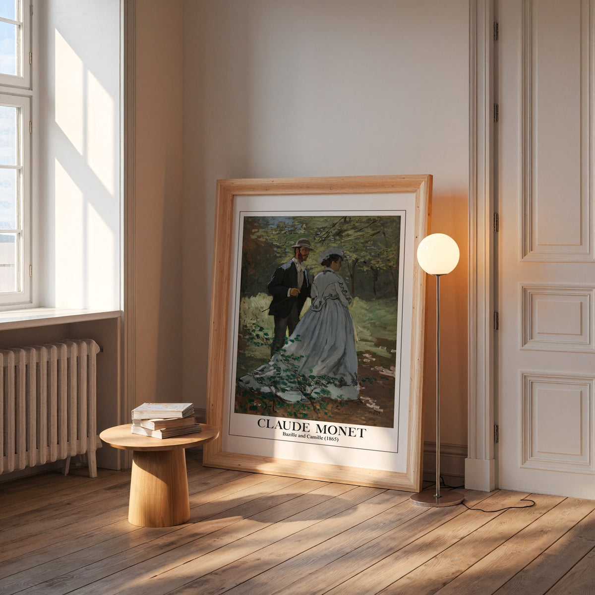 Monet impressionist print in a wide pine frame leaning by a sunlit window