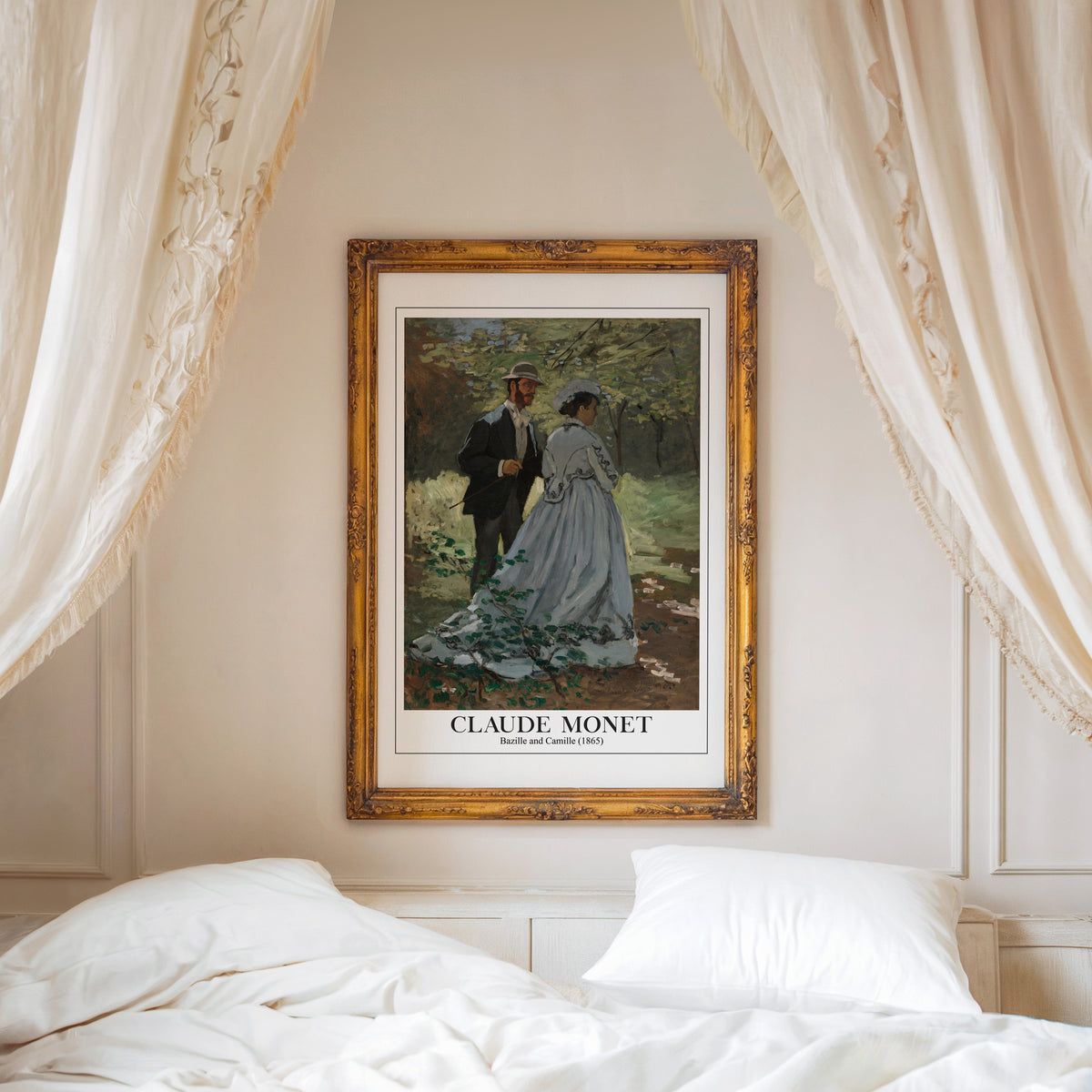 Bazille and Camille print shown in an ornate gold frame above a canopy bed