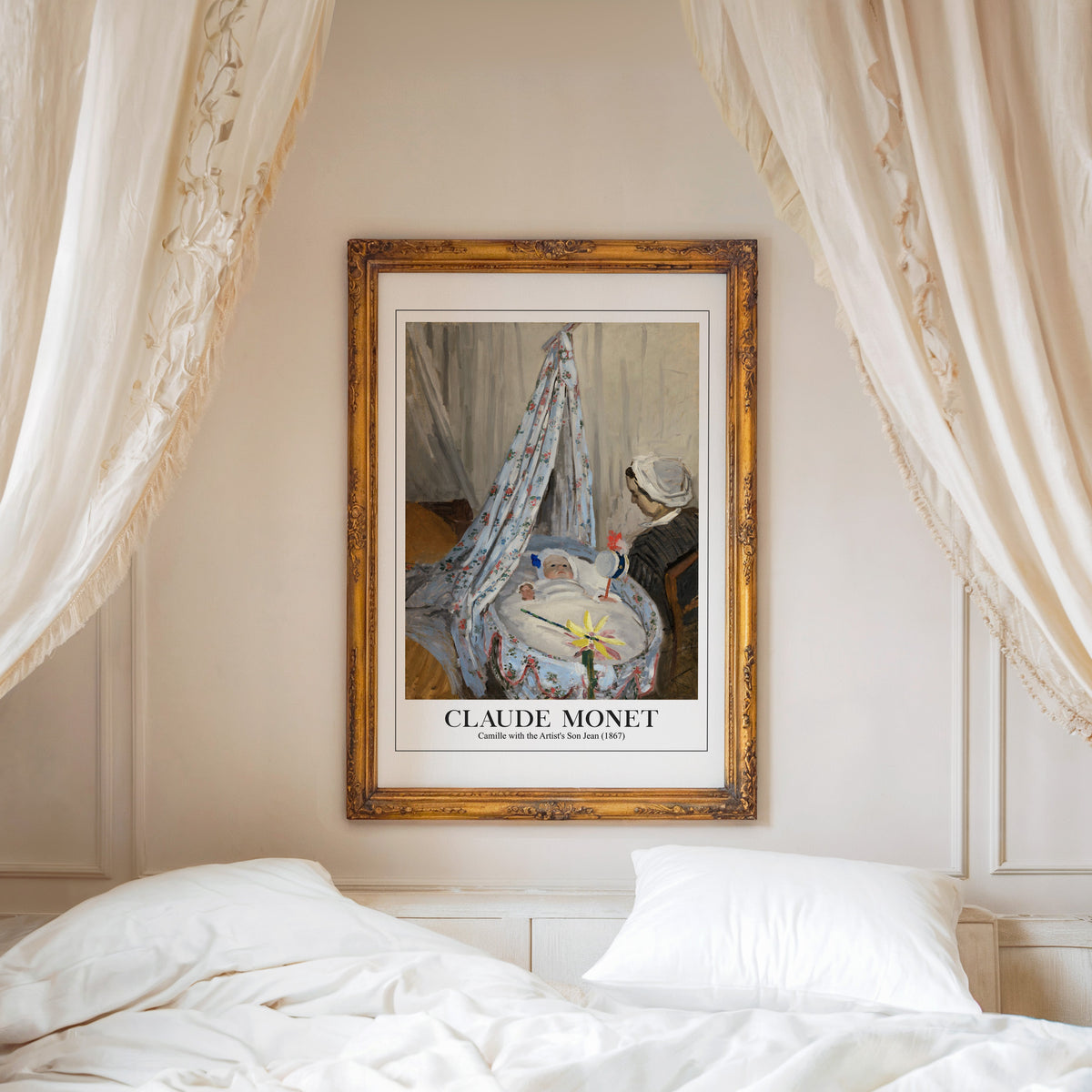 Monet Camille and son print shown in an ornate gold frame above a canopy bed