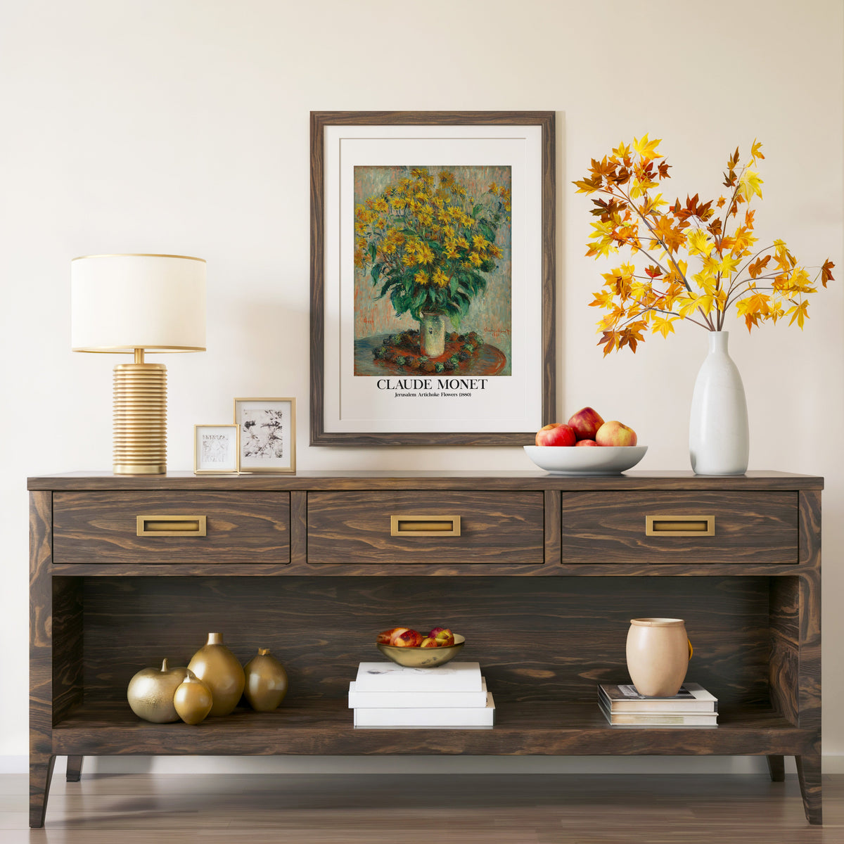 Monet flower still life in a walnut frame above a console with autumn branches