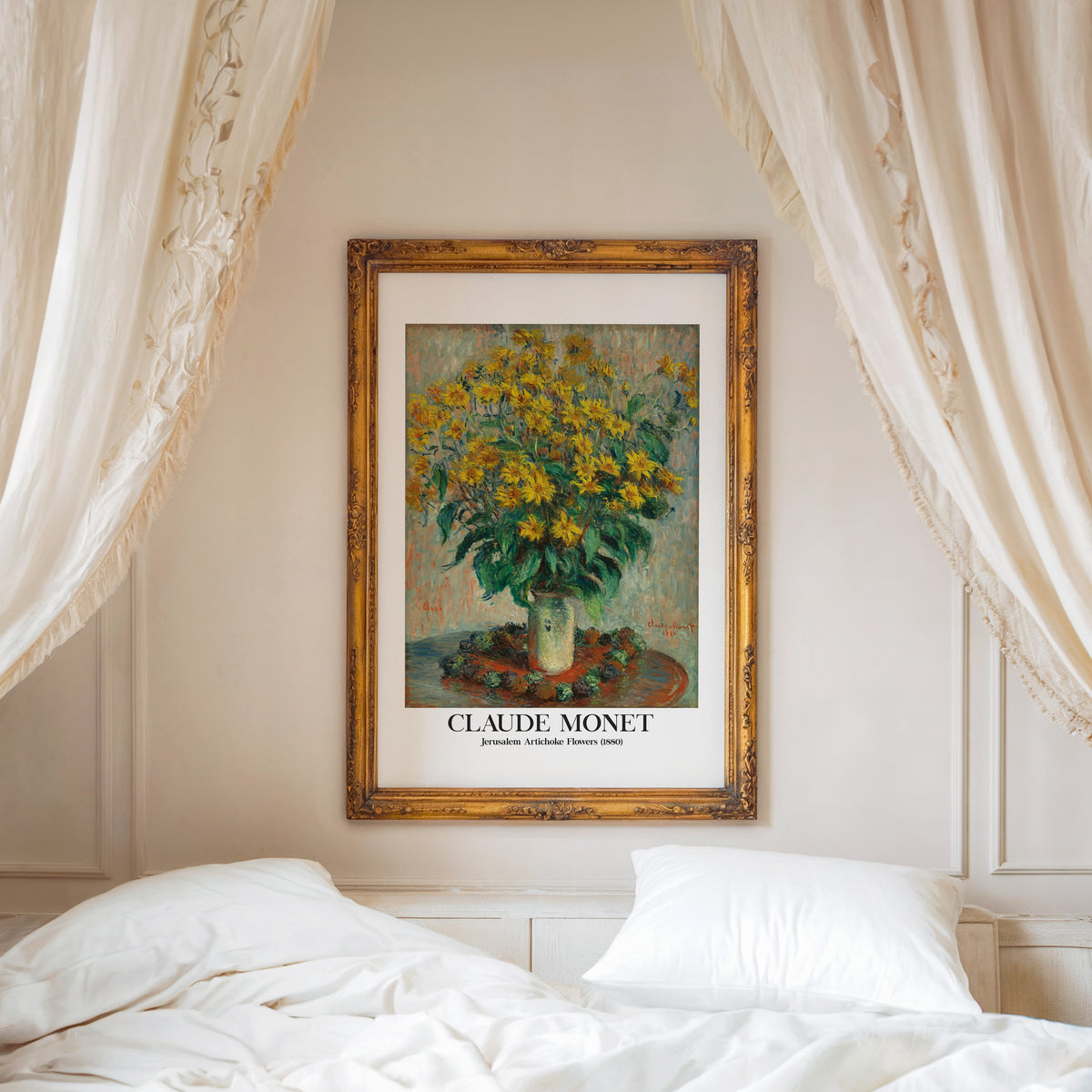Monet Jerusalem Artichoke Flowers print shown in a gold frame above a canopy bed