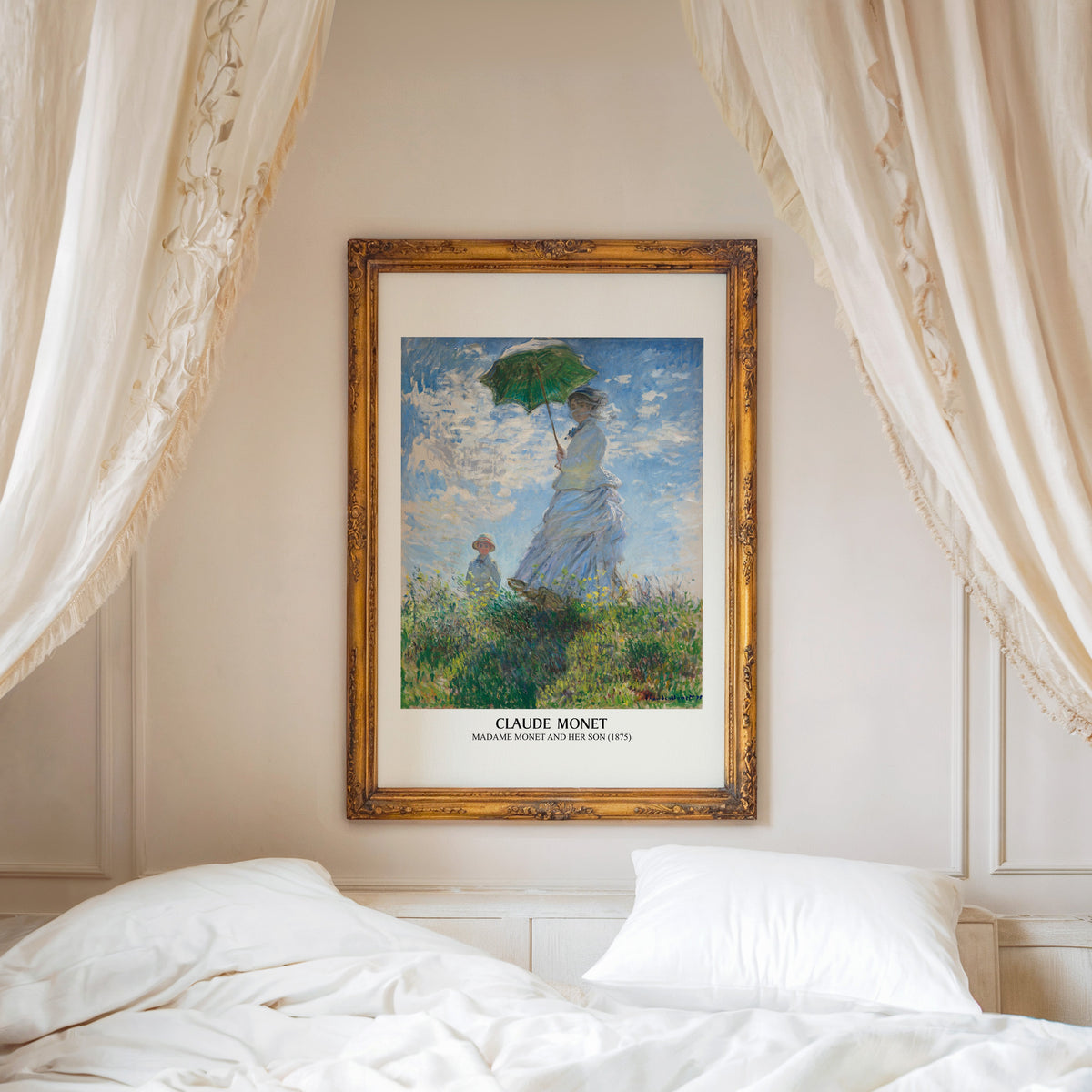 Madame Monet and Her Son print shown in an ornate gold frame above a canopy bed