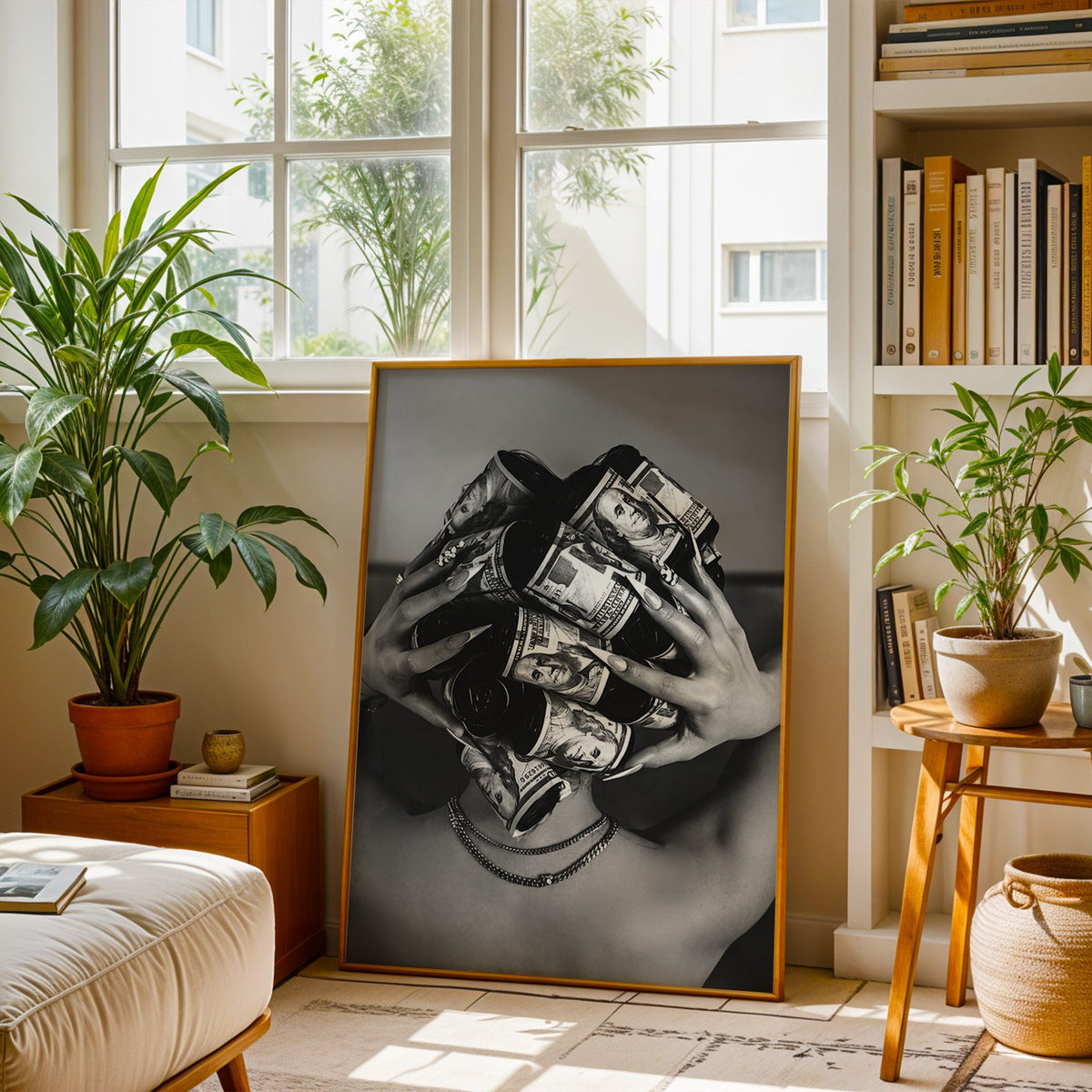 Hair curlers wrapped in dollar bills from behind print shown in a brass frame leaning on a sunlit living room floor