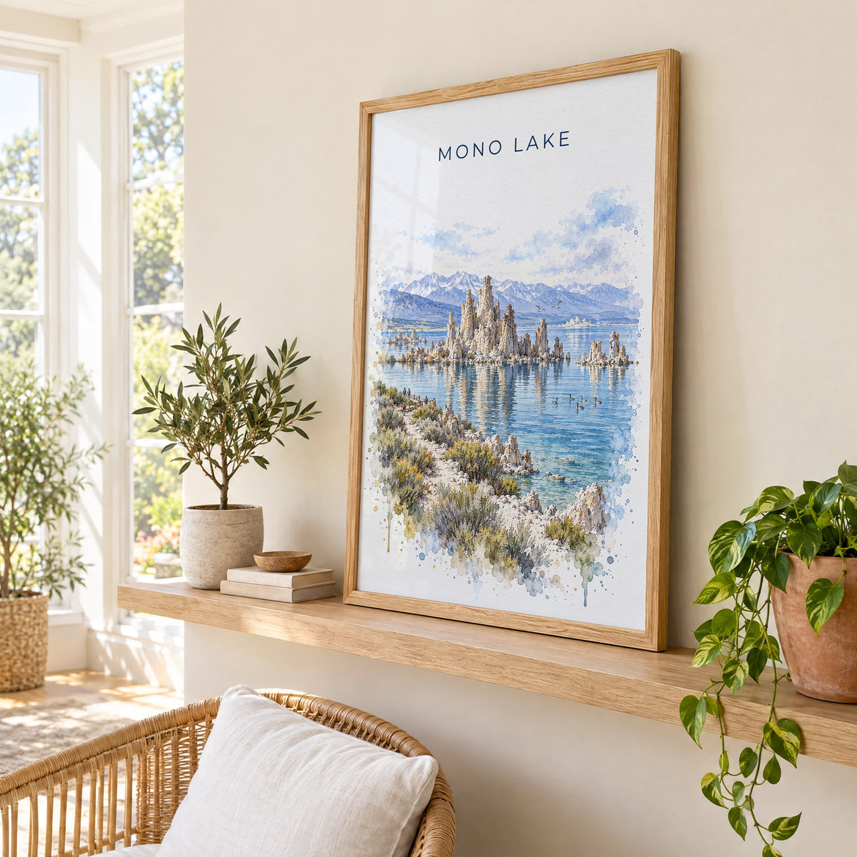 Mono Lake watercolor print in an oak frame on a picture ledge in a sunlit sunroom