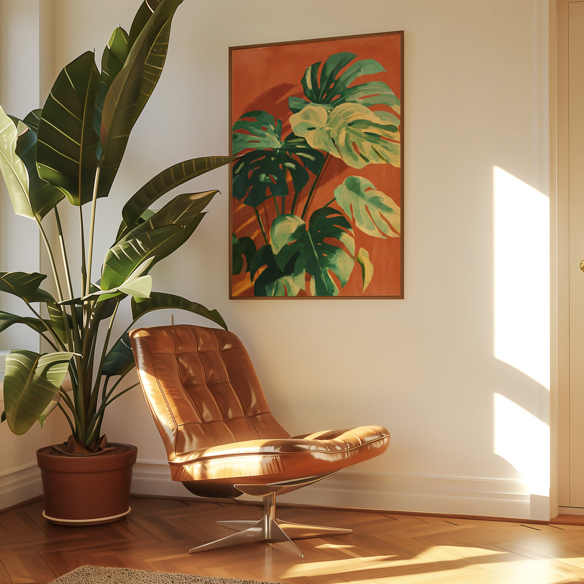 Tropical plant print in a slim walnut frame above a tan leather lounge chair