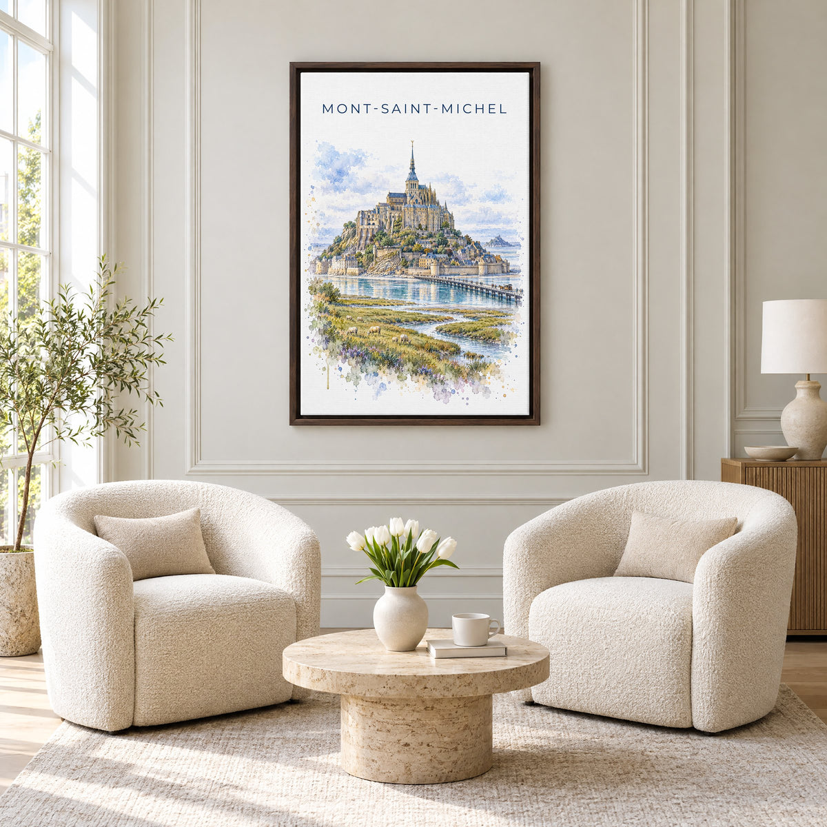 Mont-Saint-Michel watercolor print as an espresso floater canvas above two boucle armchairs in a hotel lounge
