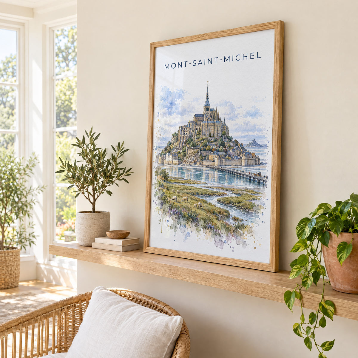 Mont-Saint-Michel watercolor print in an oak frame on a picture ledge in a sunlit sunroom