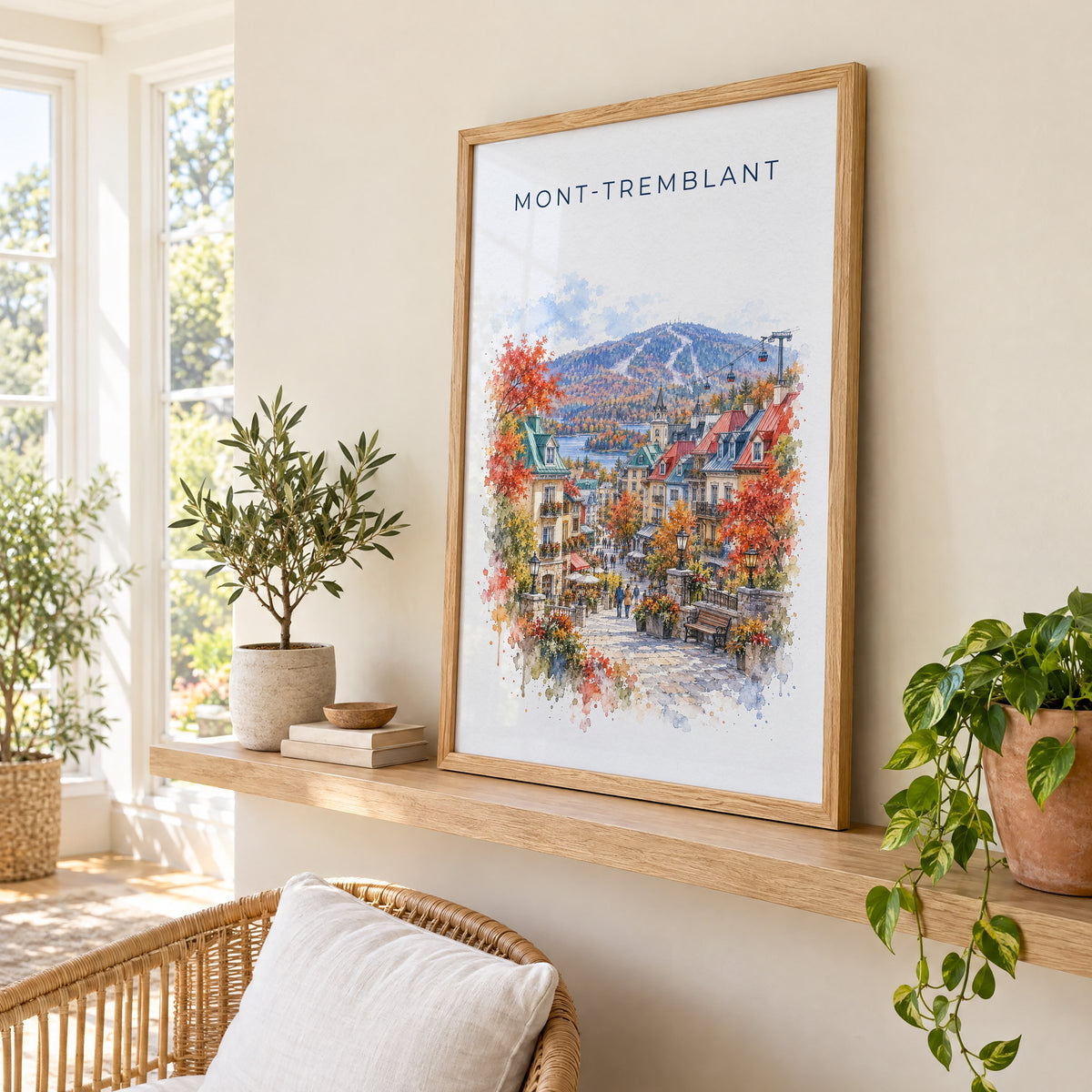 Mont-Tremblant watercolor print in an oak frame on a picture ledge in a sunlit sunroom