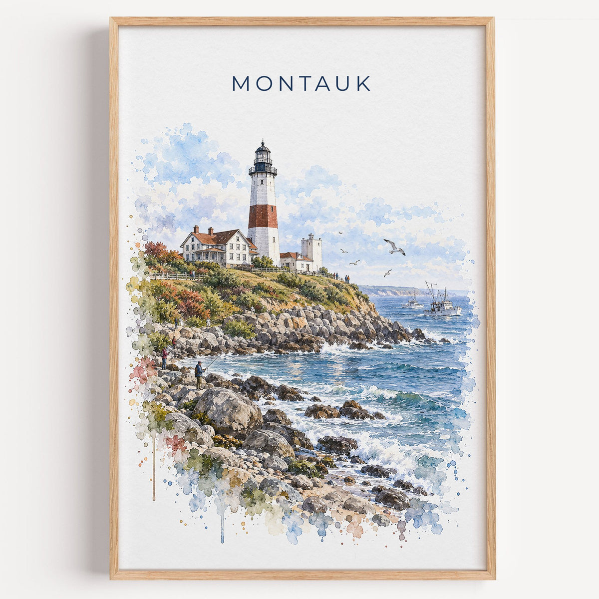 Montauk watercolor print in a light oak frame on a plain white wall