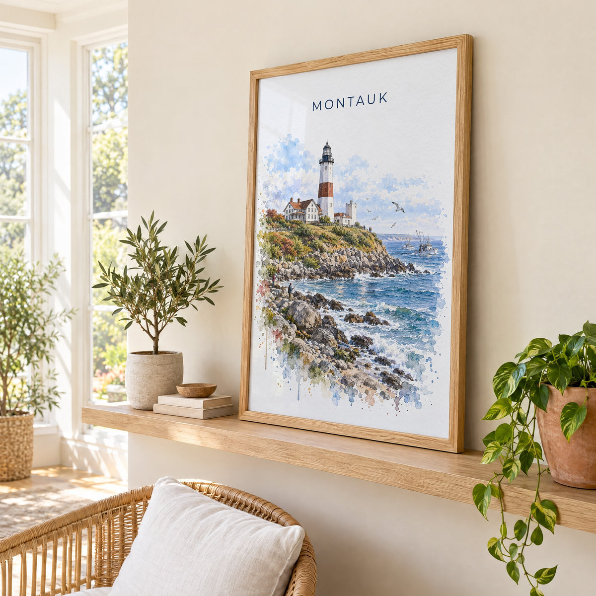 Montauk watercolor print in an oak frame on a picture ledge in a sunlit sunroom