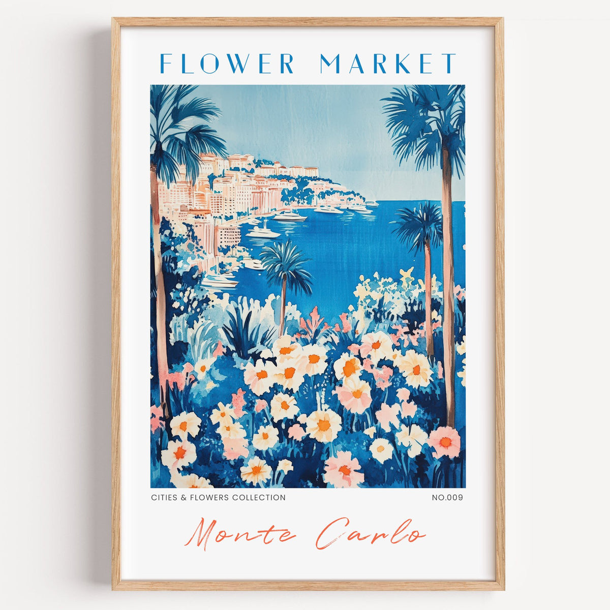 Monte Carlo flower market print in a light oak frame on a plain white wall