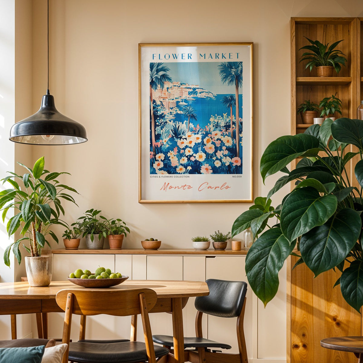 Monte Carlo flower market print in an oak frame above a dining sideboard lined with potted plants