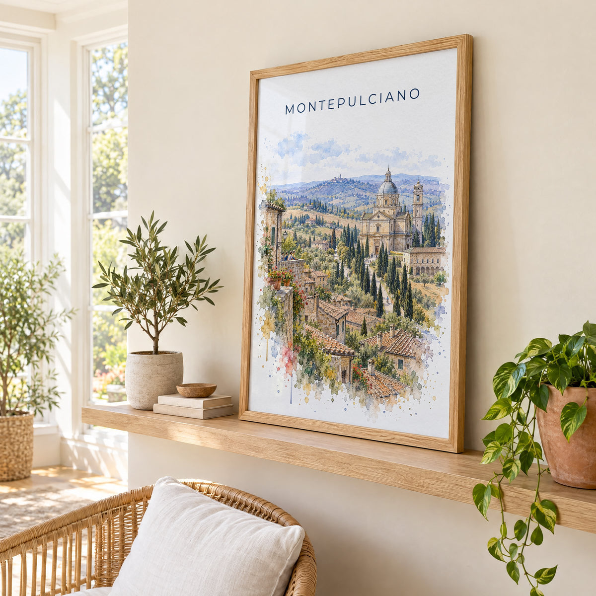 Montepulciano watercolor print in an oak frame on a picture ledge in a sunlit sunroom