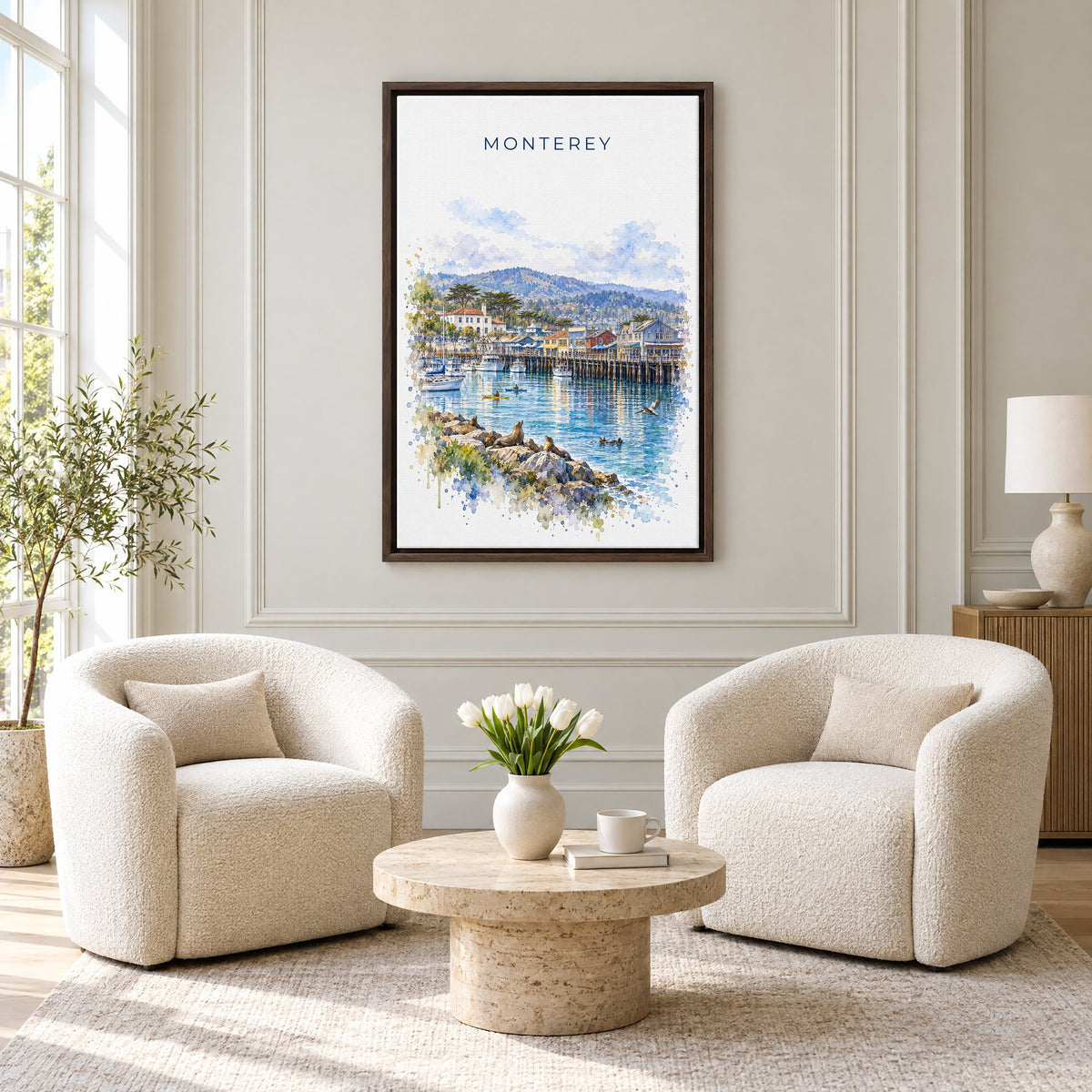 Monterey watercolor print as an espresso floater canvas above two boucle armchairs in a hotel lounge